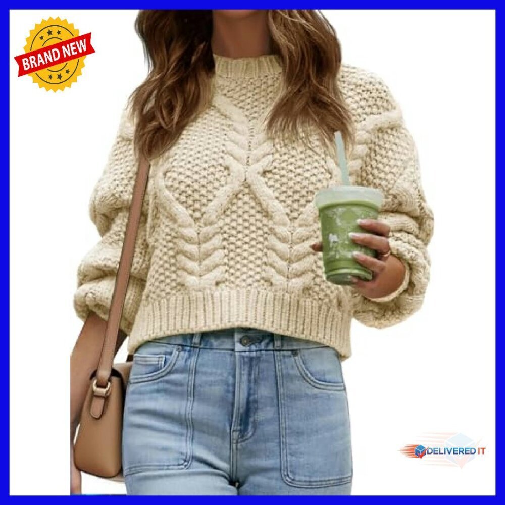 Chunky Cable Knit Cropped Sweater Loose Pullover Long Sleeve Crewneck - Picture 2 of 8